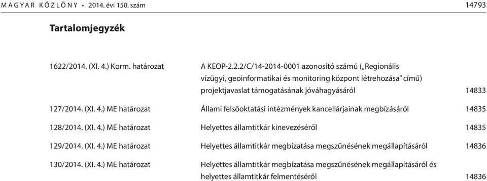 /2014. (XI. 4.) Korm. határozat A KEOP-2.2.2/C/14-2014-0001 azonosító számú ( Regionális vízügyi, geoinformatikai és monitoring központ létrehozása című) projektjavaslat támogatásának jóváhagyásáról 14833 127/2014.