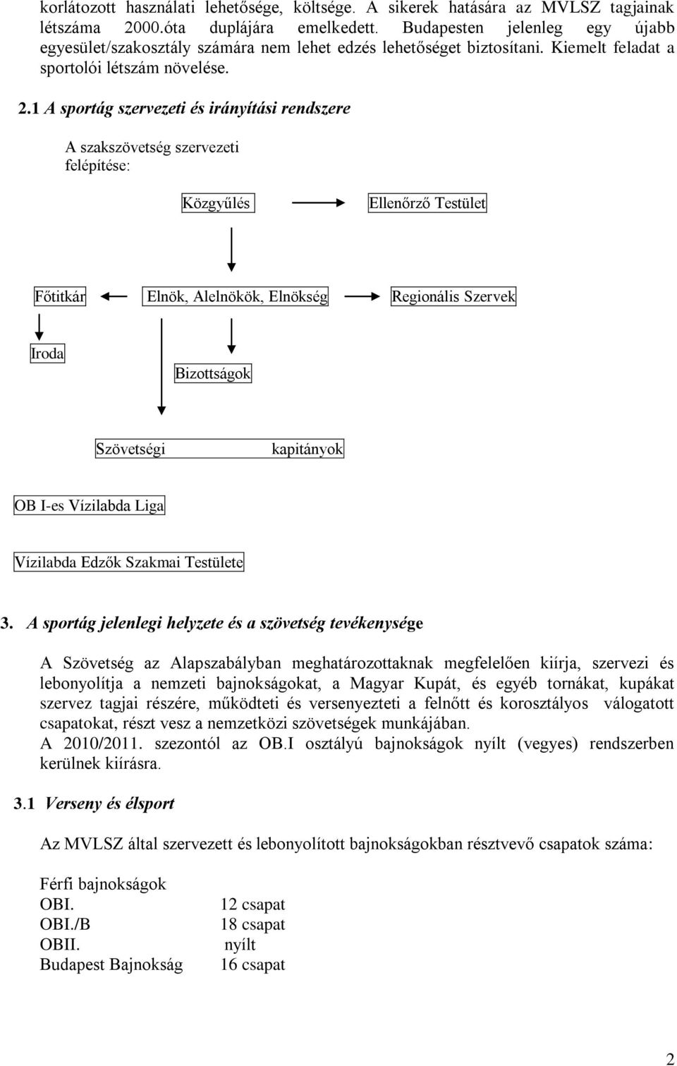 1 A sportág szervezeti és irányítási rendszere A szakszövetség szervezeti felépítése: Közgyűlés Ellenőrző Testület Főtitkár Elnök, Alelnökök, Elnökség Regionális Szervek Iroda Bizottságok Szövetségi