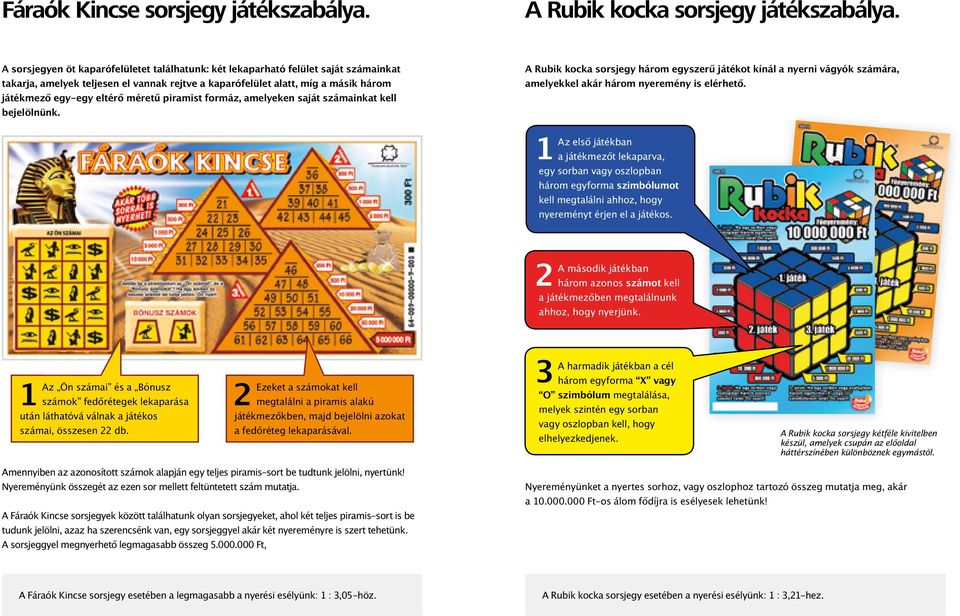 méretű piramist formáz, amelyeken saját számainkat kell bejelölnünk. A Rubik kocka sorsjegy három egyszerű játékot kínál a nyerni vágyók számára, amelyekkel akár három nyeremény is elérhető.