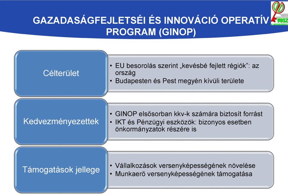 elsősorban kkv-k számára biztosít forrást IKT és Pénzügyi eszközök: bizonyos esetben önkormányzatok