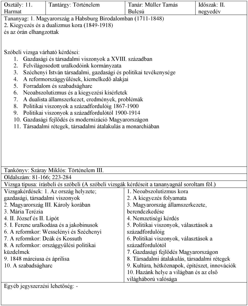 Felvilágosodott uralkodóink kormányzata 3. Széchenyi István társadalmi, gazdasági és politikai tevékenysége 4. A reformországgyűlések, kiemelkedő alakjai 5. Forradalom és szabadságharc 6.