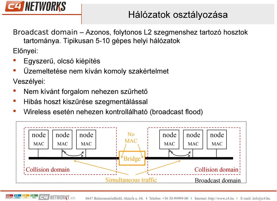 kívánt forgalom nehezen szűrhető Hibás hoszt kiszűrése szegmentálással Wireless esetén nehezen kontrollálható (broadcast flood)