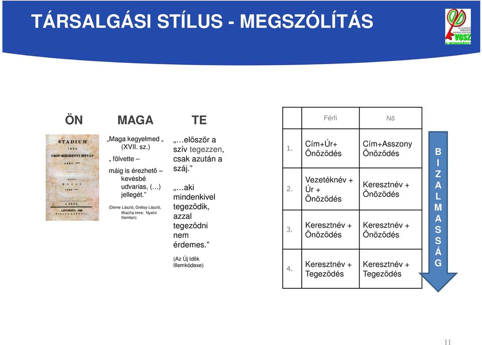 (Deme László, Grétsy László, Wacha Imre: Nyelvi Illemtan) először a szív tegezzen, csak azután a száj.