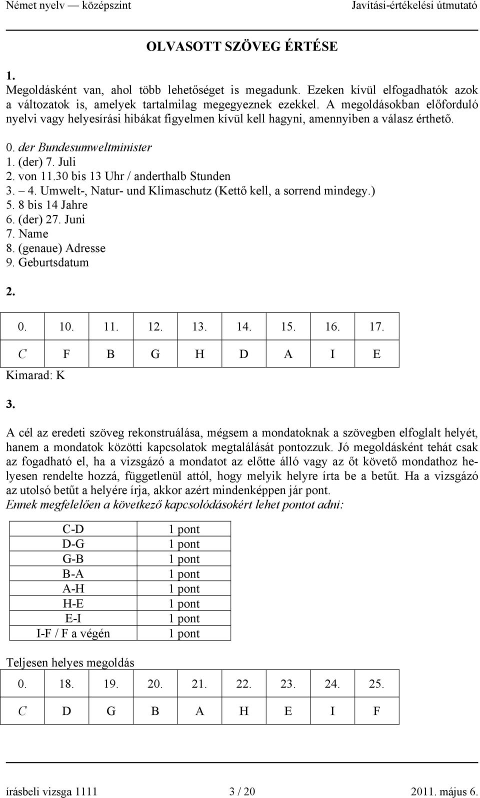 30 bis 13 Uhr / anderthalb Stunden 3. 4. Umwelt-, Natur- und Klimaschutz (Kettő kell, a sorrend mindegy.) 5. 8 bis 14 Jahre 6. (der) 27. Juni 7. Name 8. (genaue) Adresse 9. Geburtsdatum 2. 0. 10. 11.