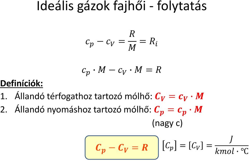 Állandó térfogathoz tartozó mólhő: C V = c V M 2.