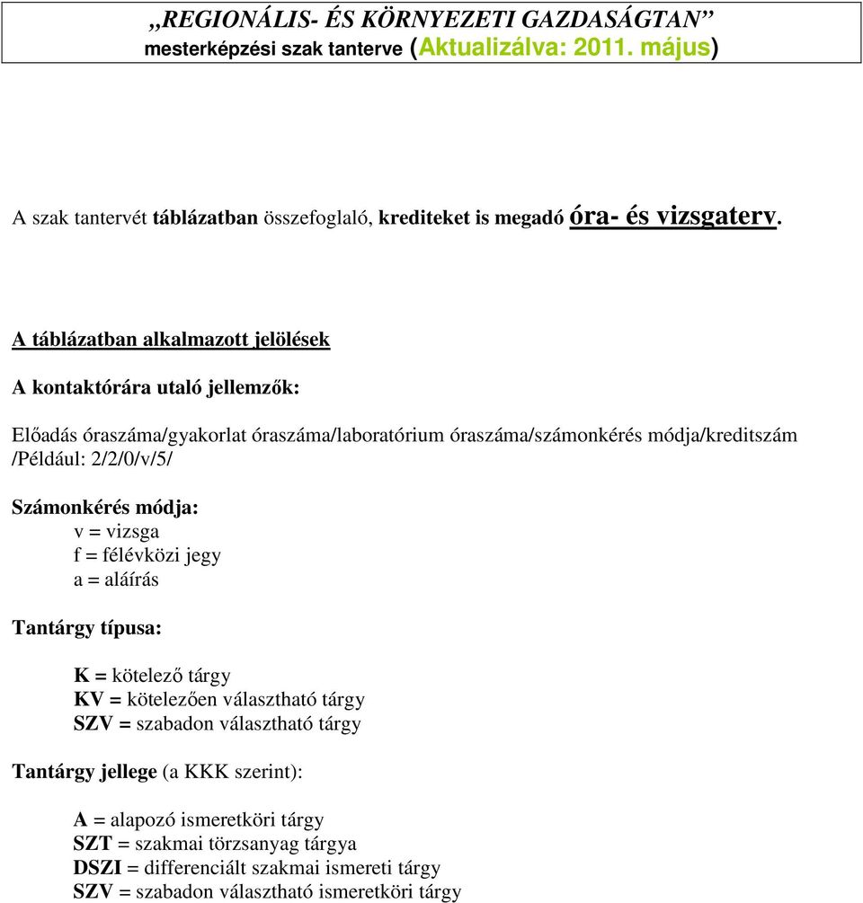 A táblázatban alkalmazott jelölések A kontaktórára utaló jellemzők: Előadás óraszáma/gyakorlat óraszáma/laboratórium óraszáma/számonkérés módja/kreditszám /Például: 2/2/0/v/5/