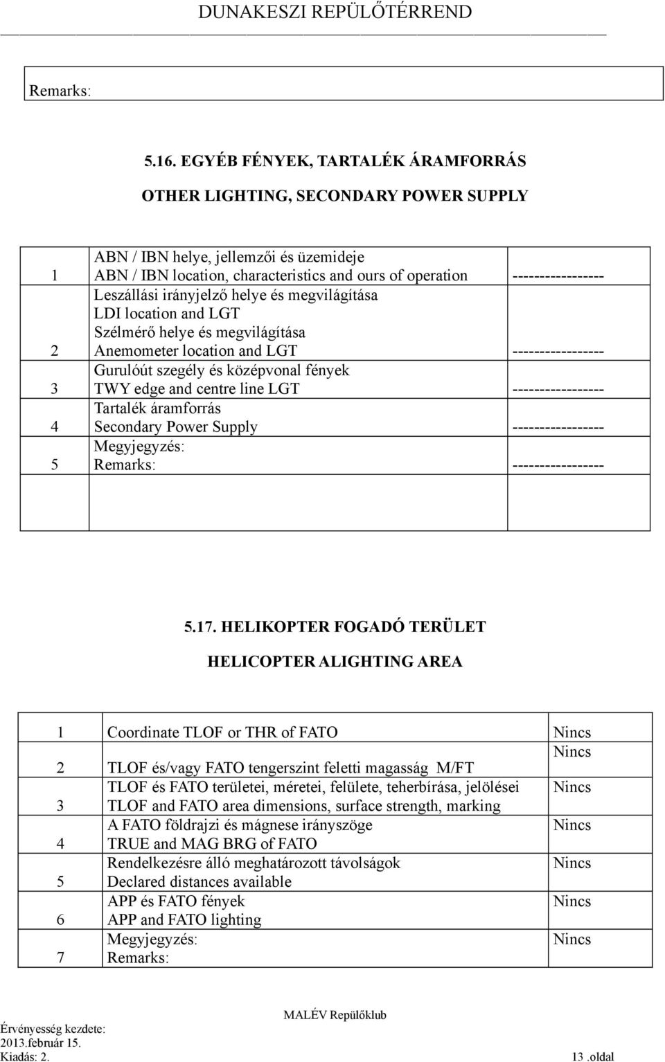 Leszállási irányjelző helye és megvilágítása LDI location and LGT Szélmérő helye és megvilágítása Anemometer location and LGT ----------------- Gurulóút szegély és középvonal fények TWY edge and