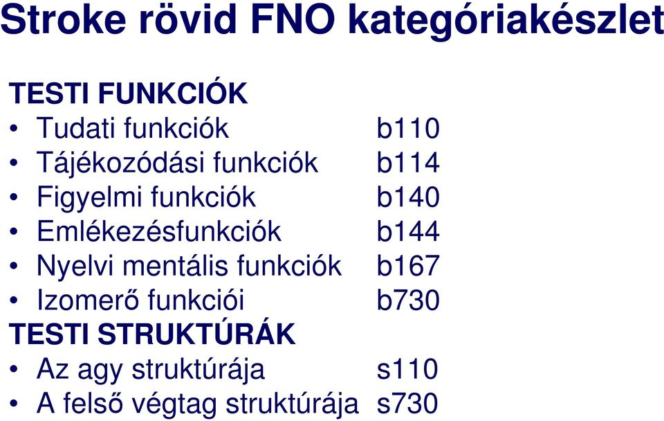 Emlékezésfunkciók b144 Nyelvi mentális funkciók b167 Izomerő