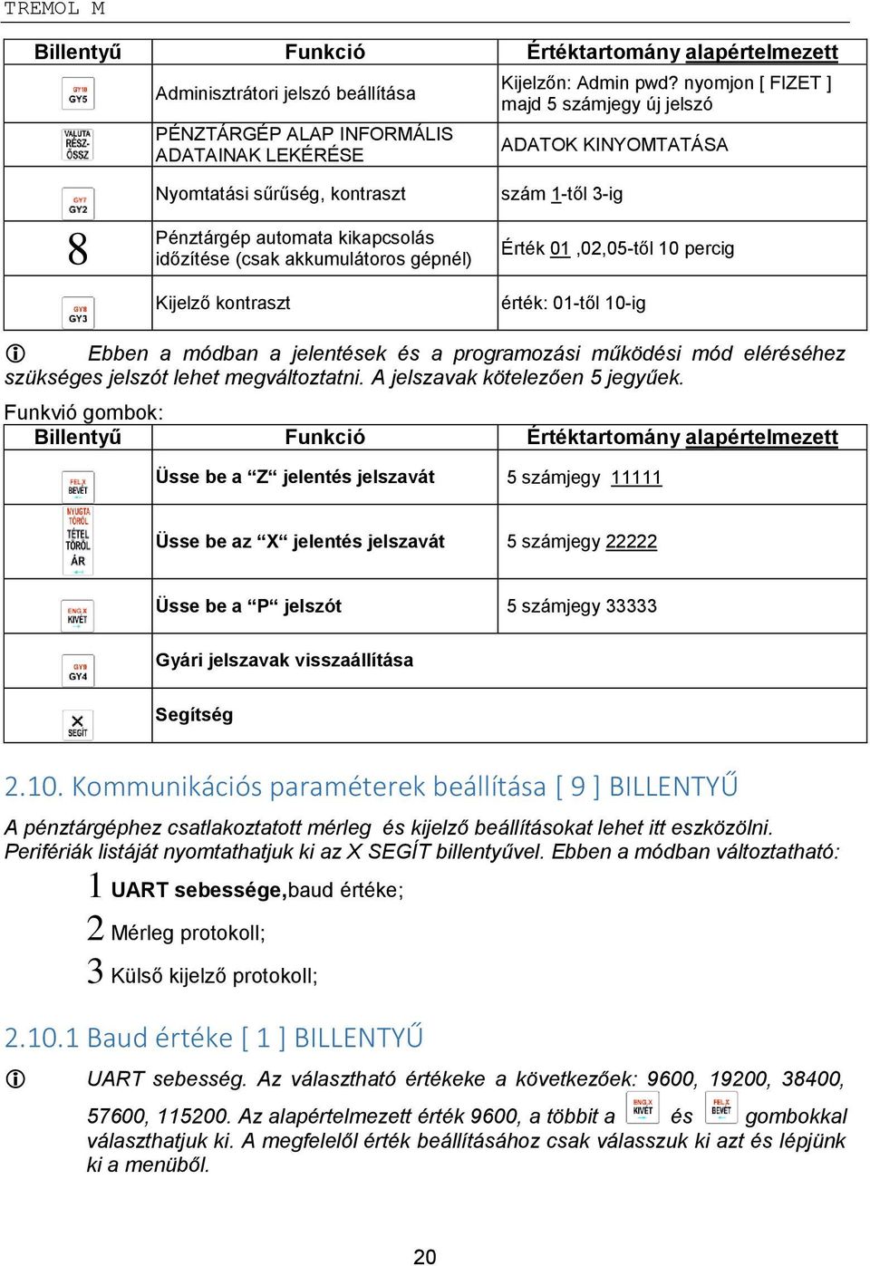 Érték 01,02,05-től 10 percig érték: 01-től 10-ig Ebben a módban a jelentések és a programozási működési mód eléréséhez szükséges jelszót lehet megváltoztatni. A jelszavak kötelezően 5 jegyűek.