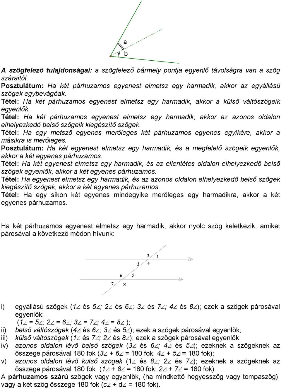Tétel: Ha két párhuzamos egyenest elmetsz egy harmadik, akkor az azonos oldalon elhelyezkedő belső szögeik kiegészítő szögek.