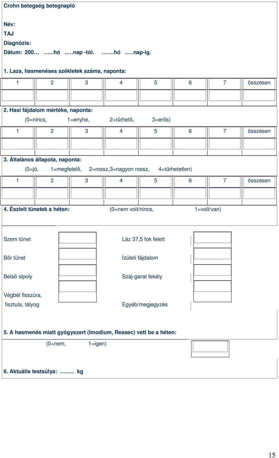 Általános állapota, naponta: (0=jó, 1=megfelelı, 2=rossz, 3=nagyon rossz, 4=tőrhetetlen) 1 2 3 4 5 6 7 összesen 4.