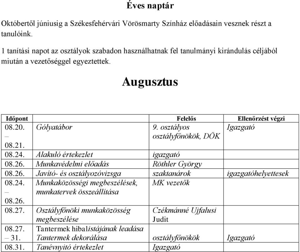 Gólyatábor 9. osztályos osztályfőnökök, DÖK 08.24. Alakuló értekezlet igazgató 08.26. Munkavédelmi előadás Röthler György 08.26. Javító- és osztályozóvizsga szaktanárok ek 08.24. 08.26. Munkaközösségi megbeszélések, munkatervek összeállítása MK vezetők 08.