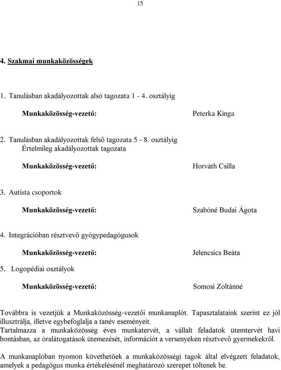 Integrációban résztvevő gyógypedagógusok Munkaközösség-vezető: Jelencsics Beáta 5. Logopédiai osztályok Munkaközösség-vezető: Somosi Zoltánné Továbbra is vezetjük a Munkaközösség-vezetői munkanaplót.