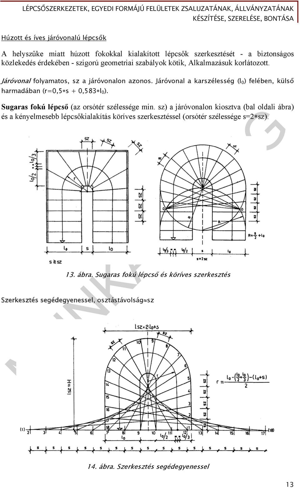 Járóvonal a karszélesség (l 0 ) felében, külső harmadában (r=0,5 s + 0,583 l 0 ). Sugaras fokú lépcső (az orsótér szélessége min.