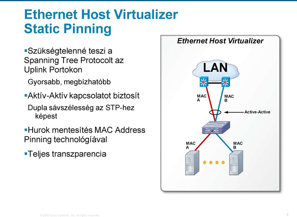 képest Hurok mentesítés MAC Address Pinning technológíával Teljes transzparencia Ethernet Host