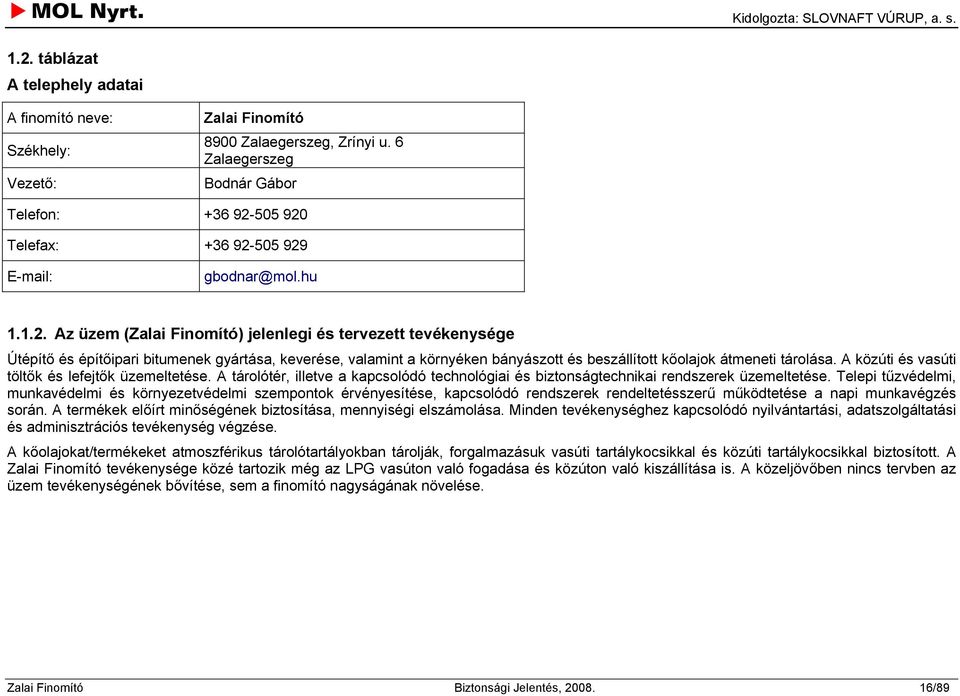 505 920 Telefax: +36 92-505 929 E-mail: gbodnar@mol.hu 1.1.2. Az üzem (Zalai Finomító) jelenlegi és tervezett tevékenysége Útépítő és építőipari bitumenek gyártása, keverése, valamint a környéken bányászott és beszállított kőolajok átmeneti tárolása.