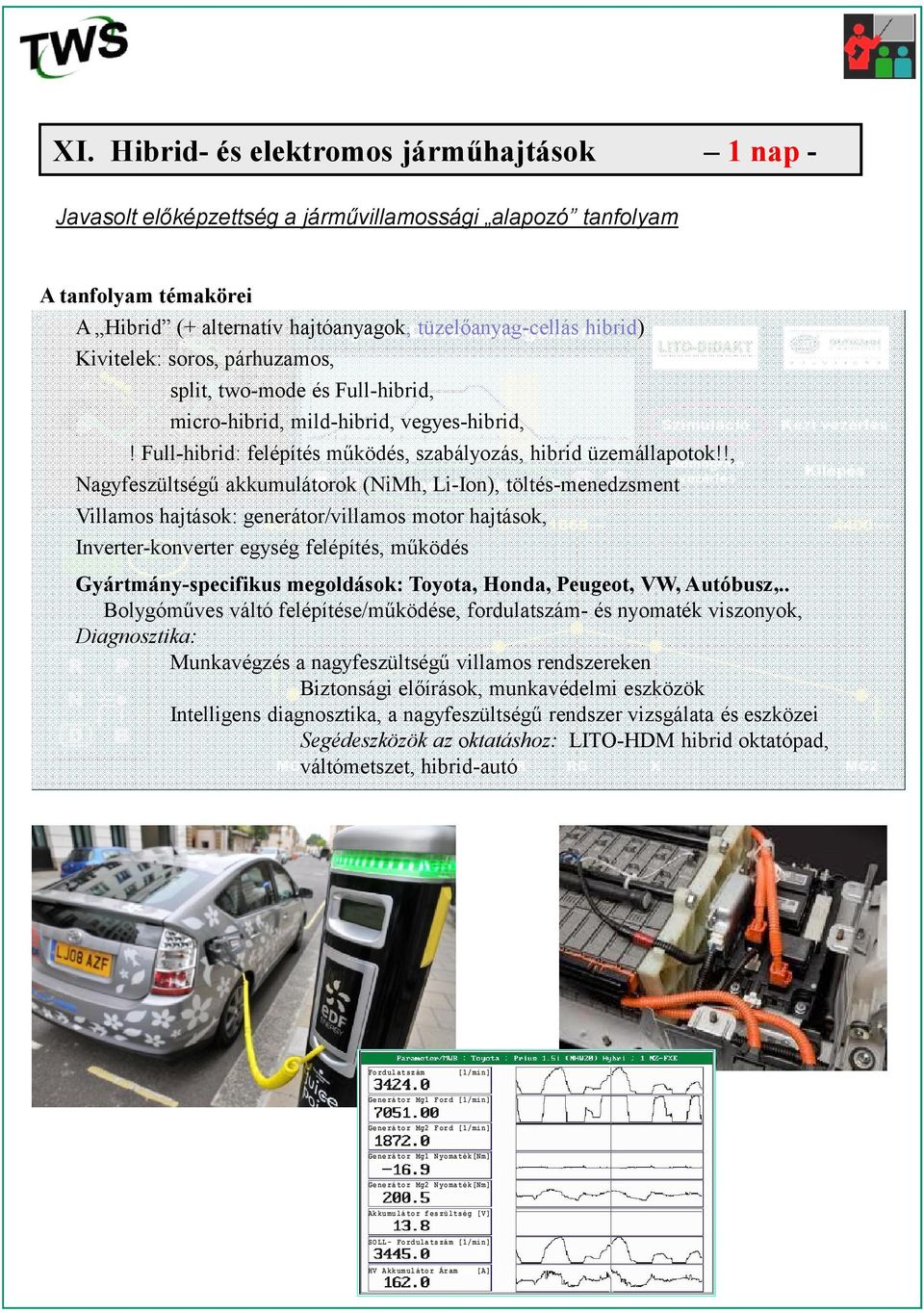 !, Nagyfeszültségű akkumulátorok (NiMh, Li-Ion), töltés-menedzsment Villamos hajtások: generátor/villamos motor hajtások, Inverter-konverter egység felépítés, működés Gyártmány-specifikus megoldások: