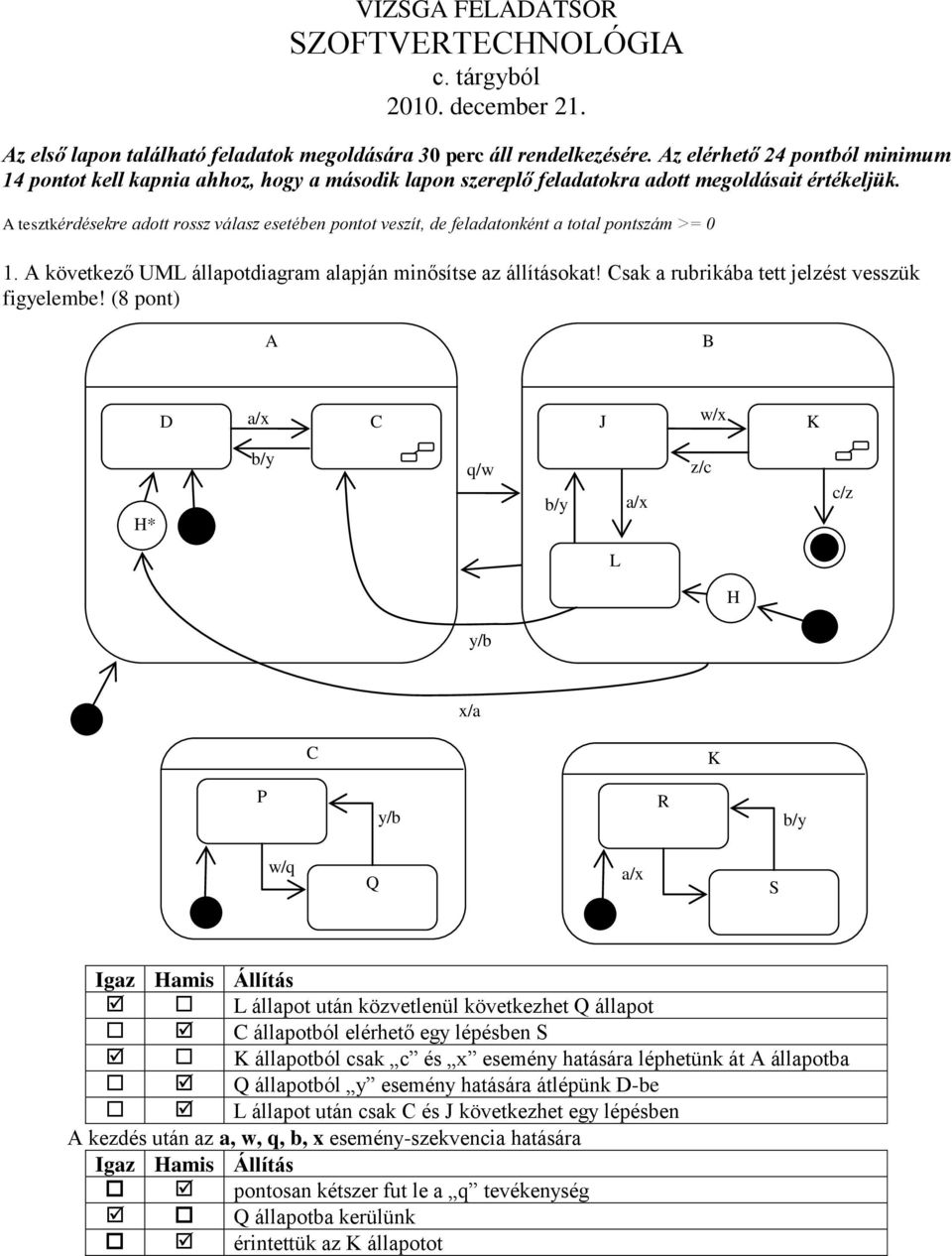 A tesztkérdésekre adott rossz válasz esetében pontot veszít, de feladatonként a total pontszám >= 0 1. A következő UML állapotdiagram alapján minősítse az állításokat!