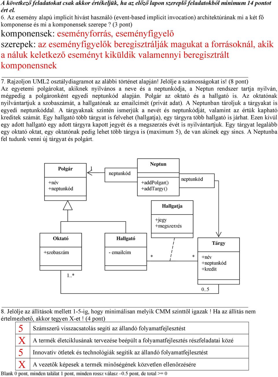 (3 pont) komponensek: eseményforrás, eseményfigyelő szerepek: az eseményfigyelők beregisztrálják magukat a forrásoknál, akik a náluk keletkező eseményt kiküldik valamennyi beregisztrált komponensnek