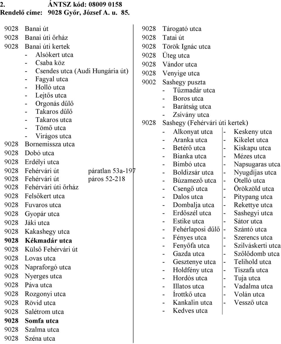 utca - Tömő utca - Virágos utca 9028 Bornemissza utca 9028 Dobó utca 9028 Erdélyi utca 9028 Fehérvári út 9028 Fehérvári út 9028 Fehérvári úti őrház 9028 Felsőkert utca 9028 Fuvaros utca 9028 Gyopár