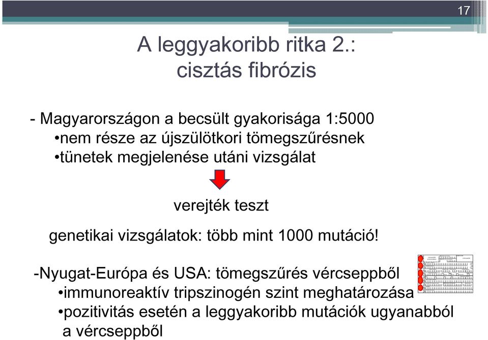 mutáció! -Nyugat-Európa és USA: tömegszőrés vércseppbıl immunoreaktív tripszinogén szint meghatározása pozitivitás esetén a leggyakoribb mutációk ugyanabból a vércseppbıl Figyelem!