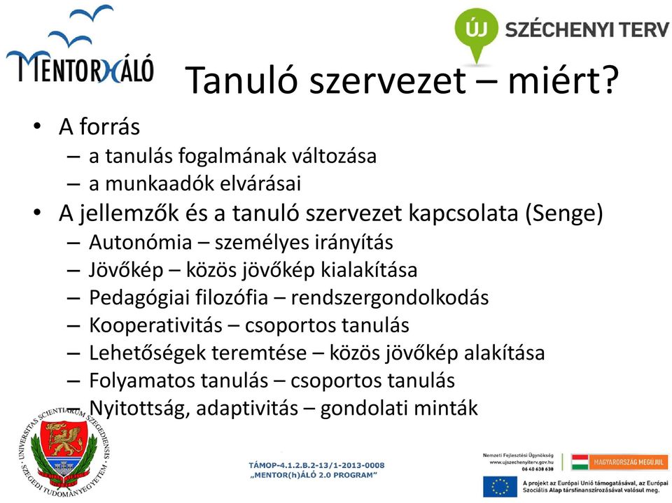 kapcsolata (Senge) Autonómia személyes irányítás Jövőkép közös jövőkép kialakítása Pedagógiai