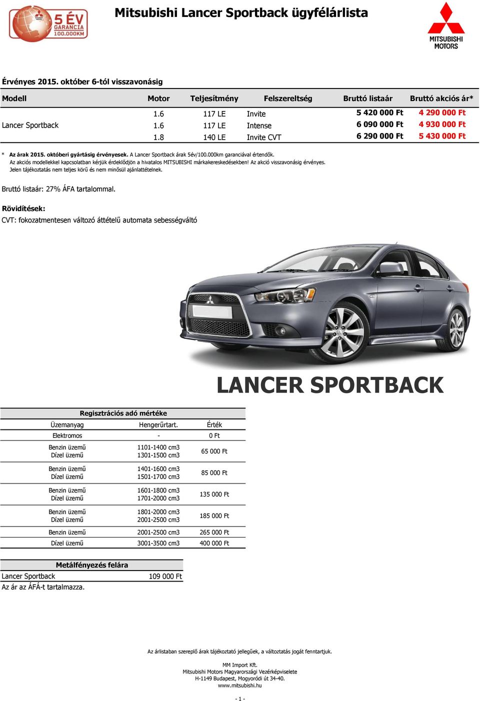 októberi gyártásig érvényesek. A Lancer Sportback árak 5év/100.000km garanciával értendők.