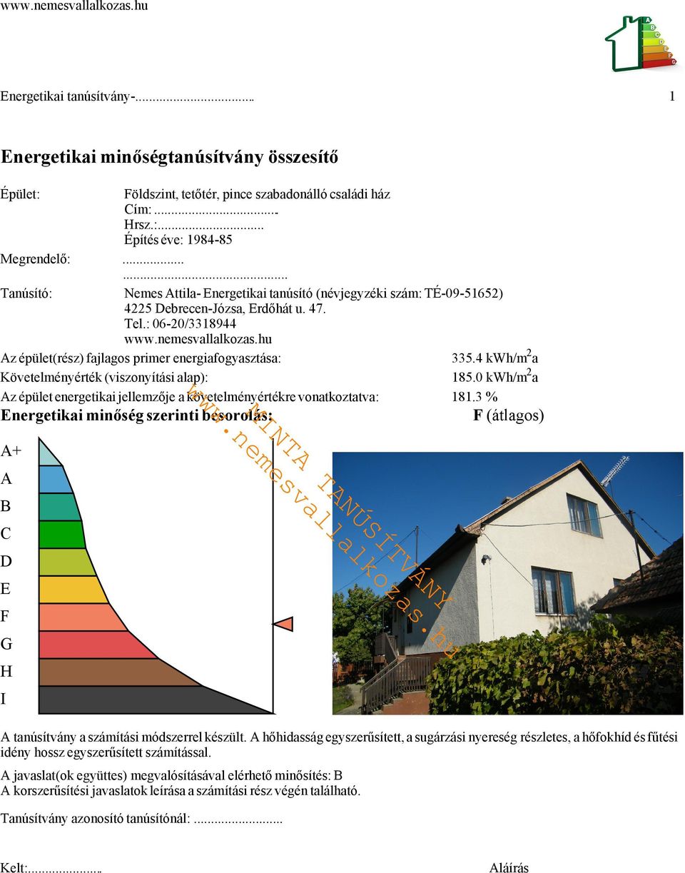 4 kwh/m 2 a Követelményérték (viszonyítási alap): 185.0 kwh/m 2 a Az épület energetikai jellemzője a követelményértékre vonatkoztatva: 181.