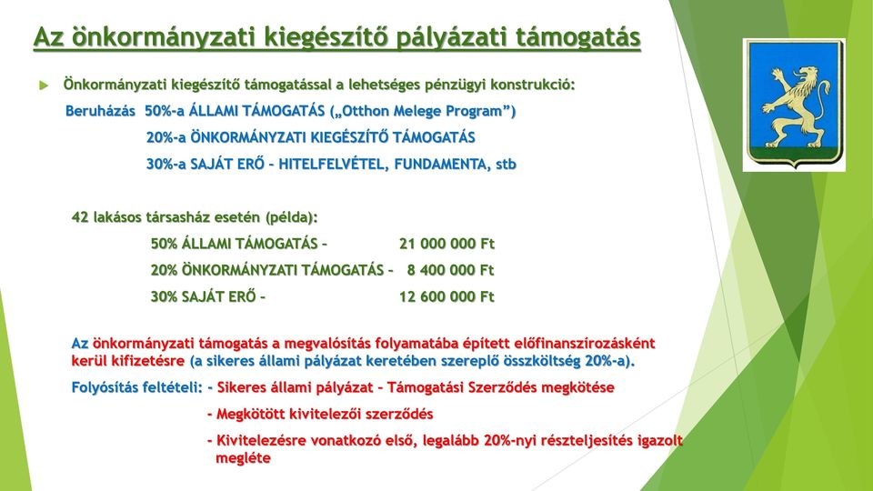 Ft Az önkormányzati támogatás a megvalósítás folyamatába épített előfinanszírozásként kerül kifizetésre (a sikeres állami pályázat keretében szereplő összköltség 20%-a).