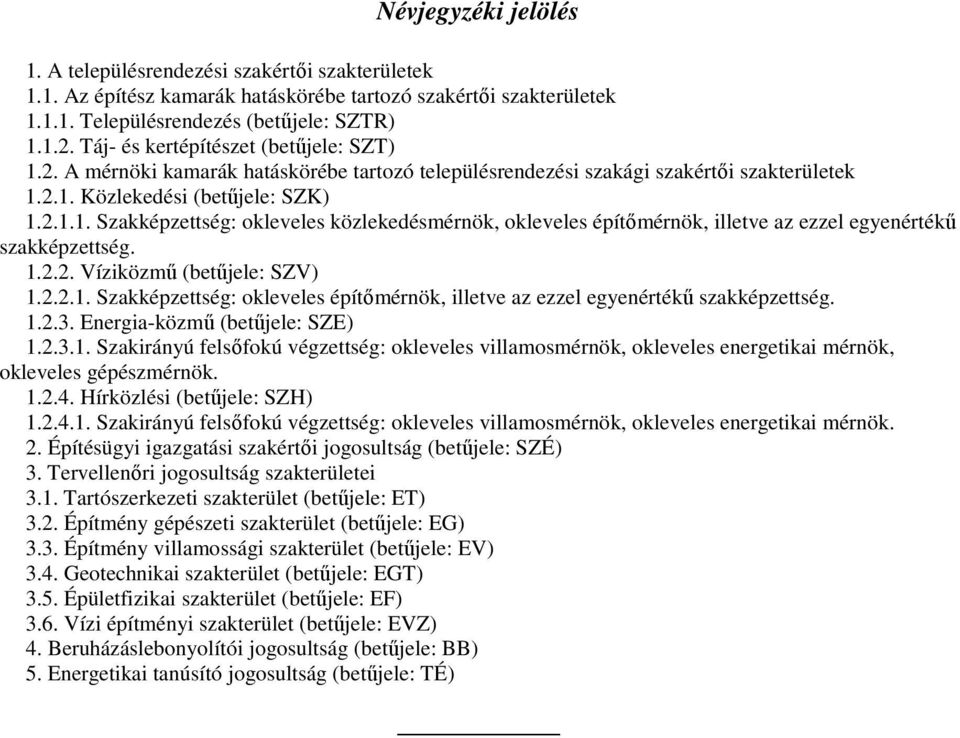 1.2.2. Víziközmő (betőjele: SZV) 1.2.2.1. Szakképzettség: okleveles építımérnök, illetve az ezzel egyenértékő szakképzettség. 1.2.3. Energia-közmő (betőjele: SZE) 1.2.3.1. Szakirányú felsıfokú végzettség: okleveles villamosmérnök, okleveles energetikai mérnök, okleveles gépészmérnök.