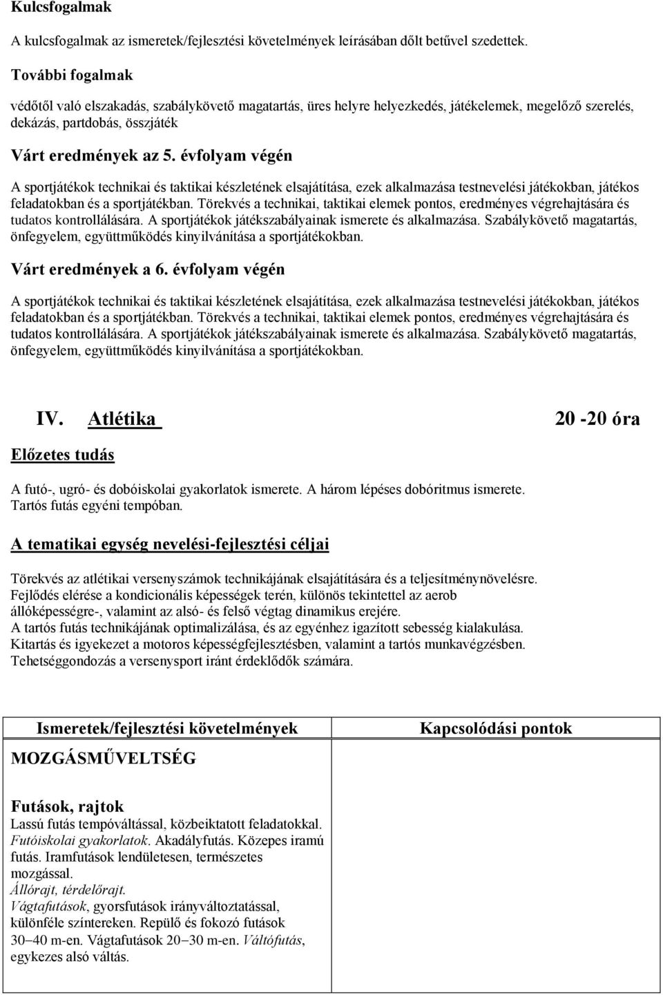 évfolyam végén A sportjátékok technikai és taktikai készletének elsajátítása, ezek alkalmazása testnevelési játékokban, játékos feladatokban és a sportjátékban.