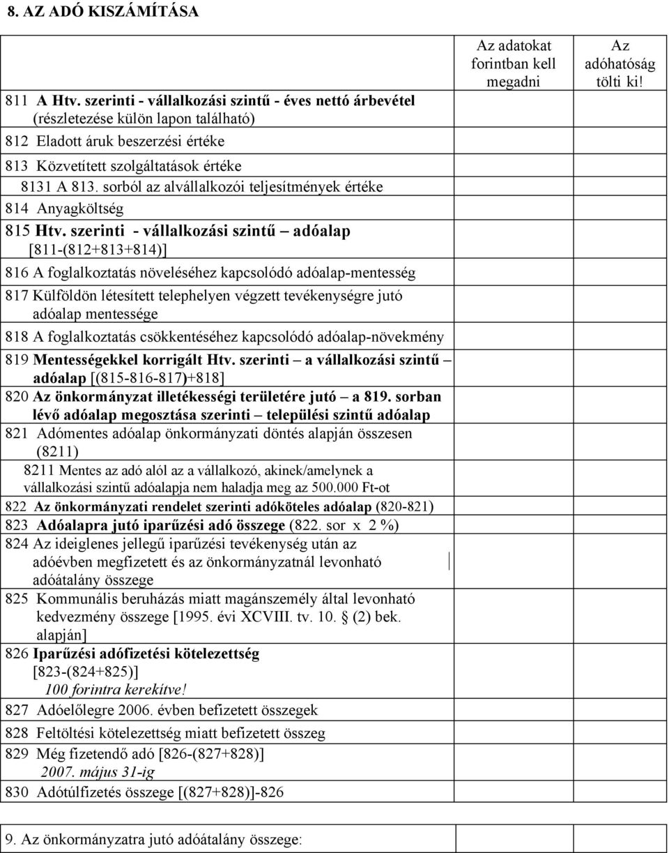 sorból az alvállalkozói teljesítmények értéke 814 Anyagköltség 815 Htv.