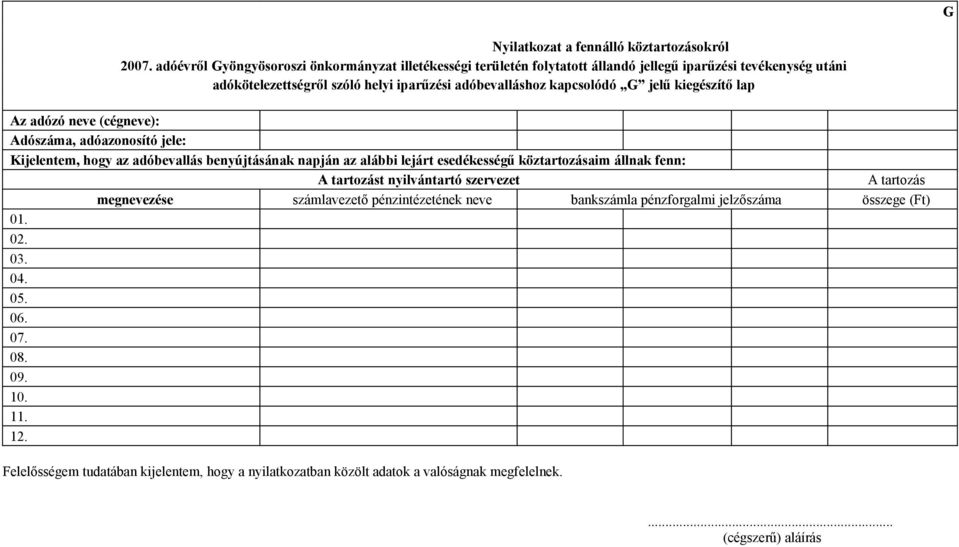 kapcsolódó G jelű kiegészítő lap Az adózó neve (cégneve): Adószáma, adóazonosító jele: Kijelentem, hogy az adóbevallás benyújtásának napján az alábbi lejárt esedékességű