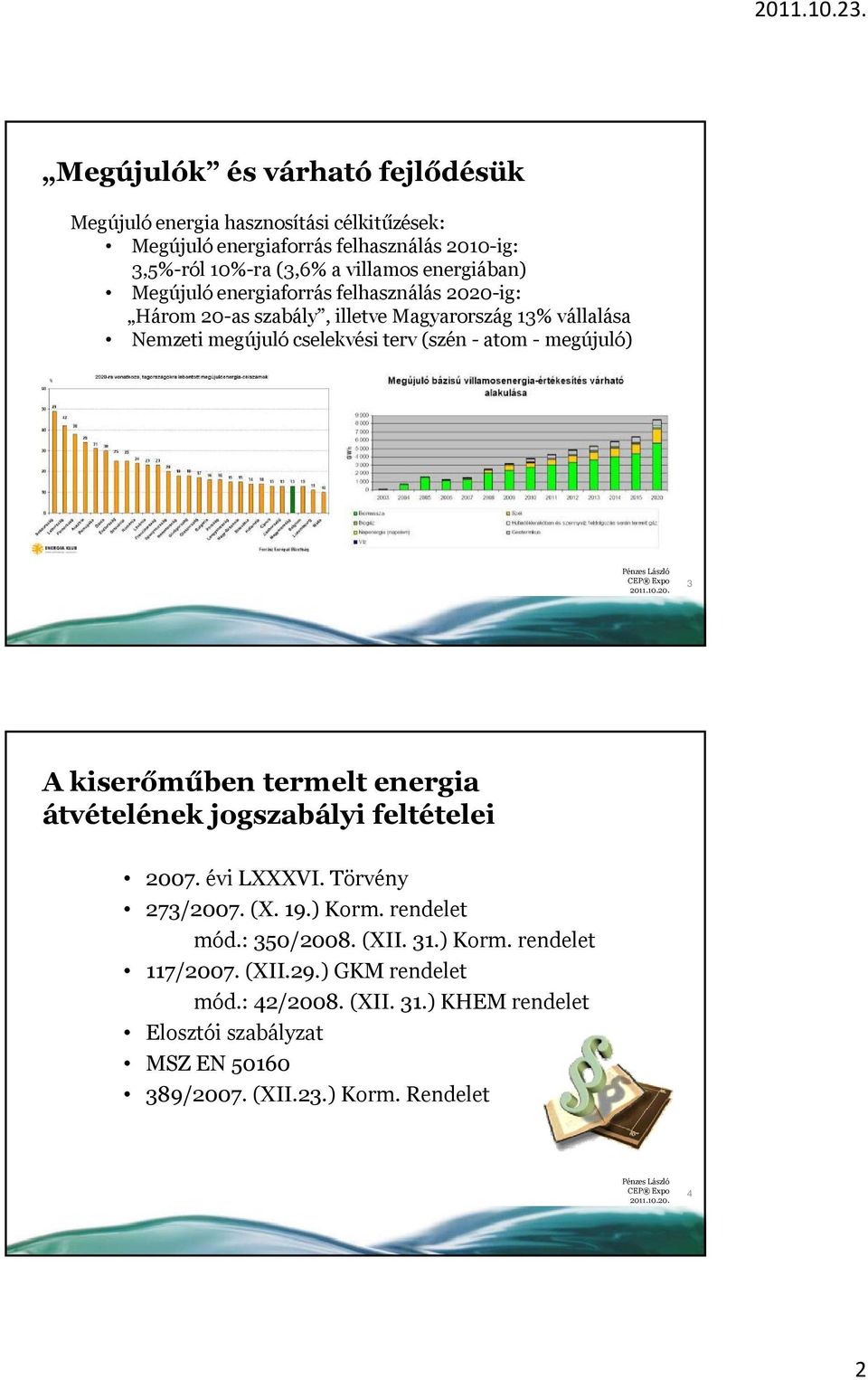 - megújuló) 3 A kiserőműben termelt energia átvételének jogszabályi feltételei 2007. évi LXXXVI. Törvény 273/2007. (X. 19.) Korm. rendelet mód.: 350/2008. (XII.