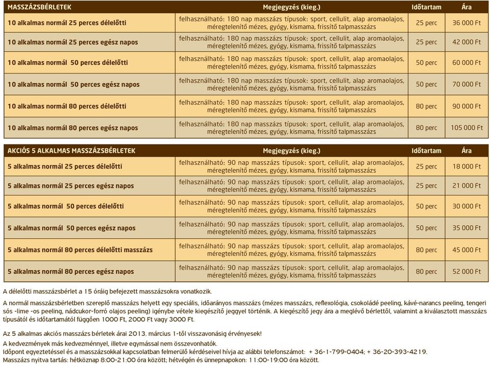 perces délelőtti 10 alkalmas normál 80 perces egész napos 25 perc 36 000 Ft 25 perc 42 000 Ft 50 perc 60 000 Ft 50 perc 70 000 Ft 80 perc 90 000 Ft 80 perc 105 000 Ft AKCIÓS 5 ALKALMAS ) Időtartam