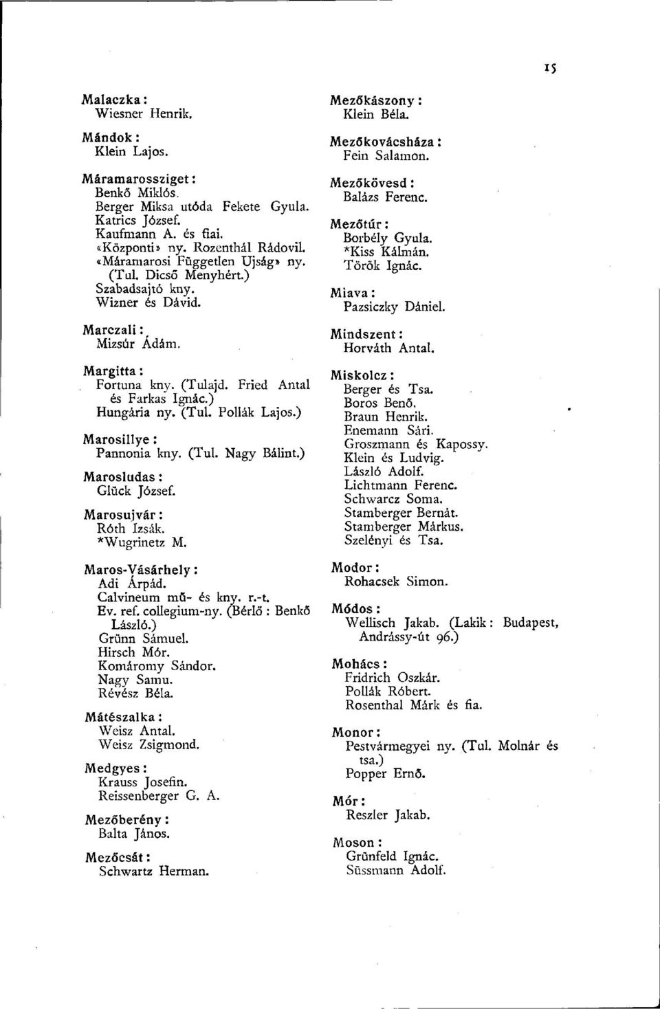 ) Marosillye : Pannónia kny. (Tul. Nagy Bálint.) Marosludas : Glück József. Marosujvár : Róth Izsák. *Wugrinetz M. Maros-yásárhely : Adi Árpád. Calvineum mű- és kny. r.-t. Ev. ref. collegium-ny.