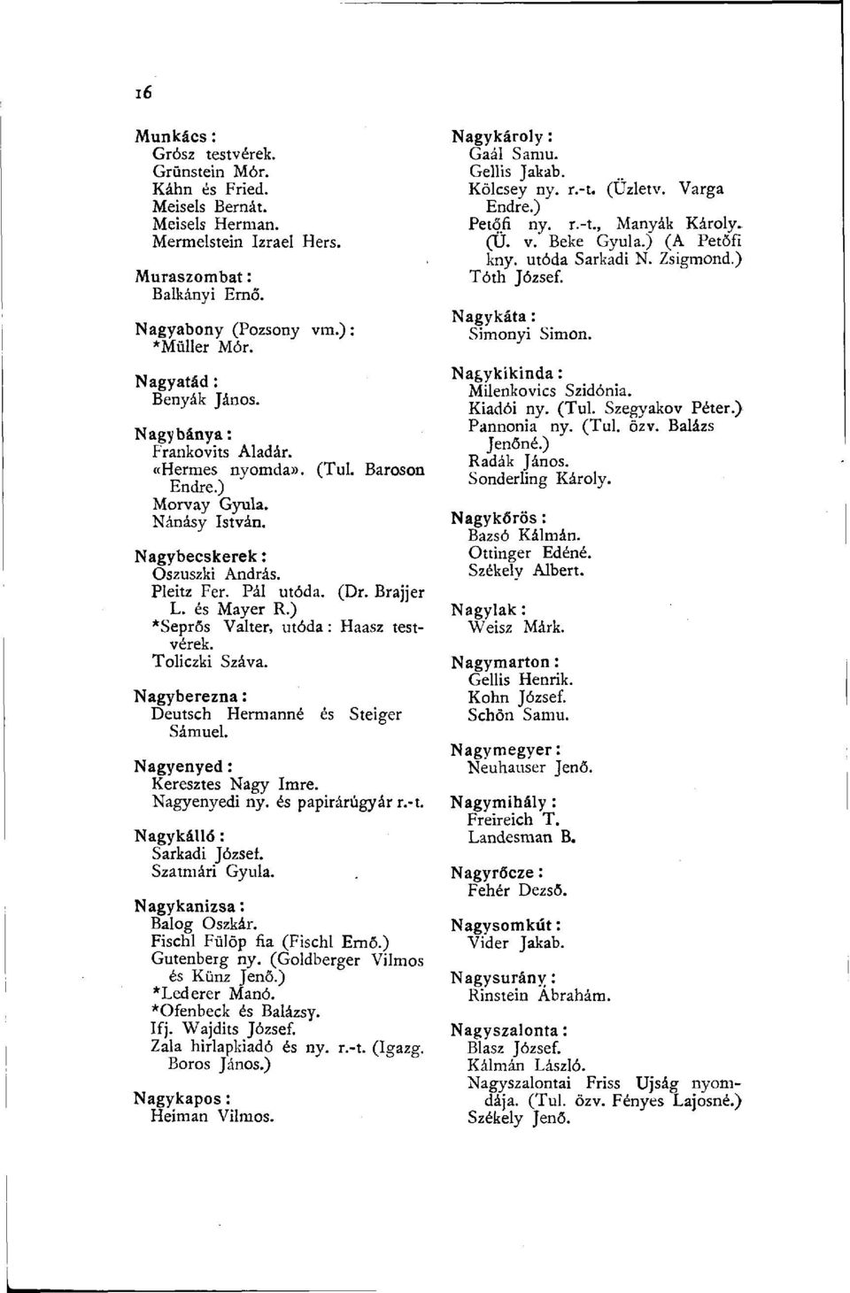 és Mayer R.) *Seprős Valter, utóda : Haasz testvérek. Toliczki Száva. Nagyberezna : Deutsch Hermanne és Steiger Sámuel. Nagyenyed : Keresztes Nagy Imre. Nagyenyedi ny. és papirárúgyár r.-t.
