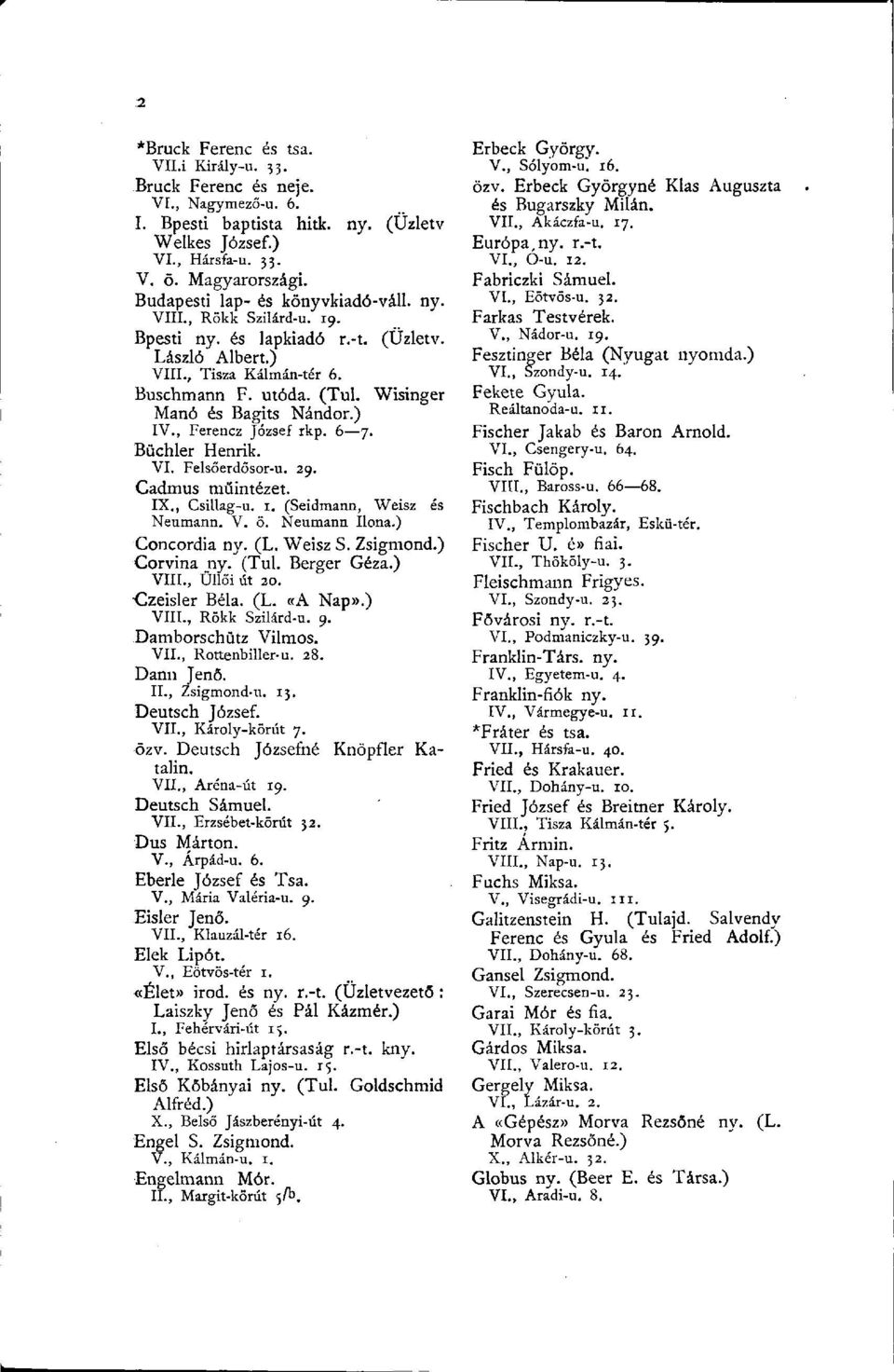 Wisinger Manó és Bagits Nándor.) IV., Ferencz József rkp. 6 7. Büchler Henrik. VI. Felsőerdősor-u. 29. Cadmus műintézet. IX., Csillag-u. 1. (Seidmann, Weisz és Neumann. V. ö. Neumann Ilona.