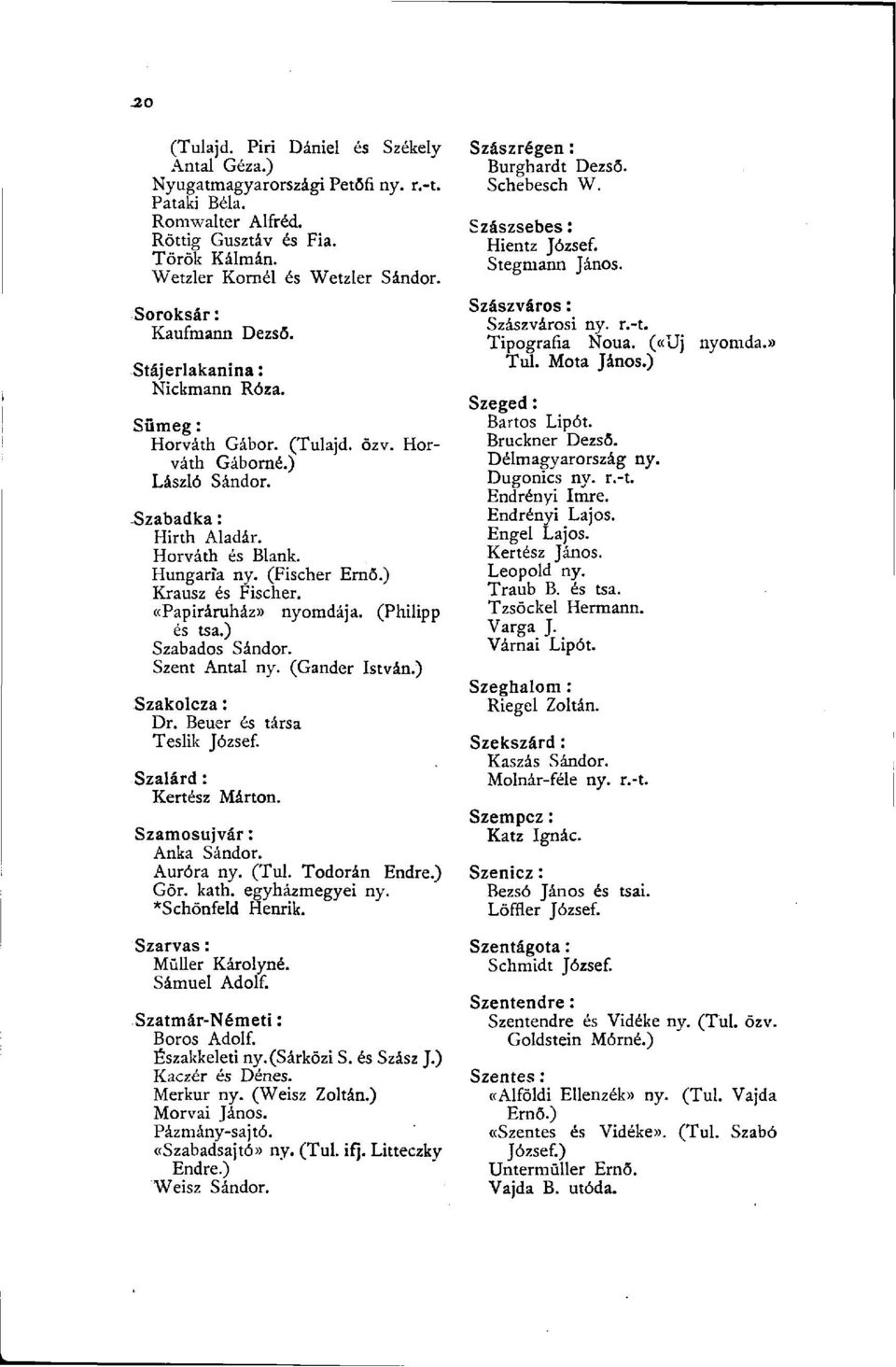 ) Krausz és Fischer. «Papiráruház» nyomdája. (Philipp és tsa.) Szabados Sándor. Szent Antal ny. (Gander István.) Szakolcza : Dr. Beuer és társa Teslik József. Szalárd : Kertész Márton.