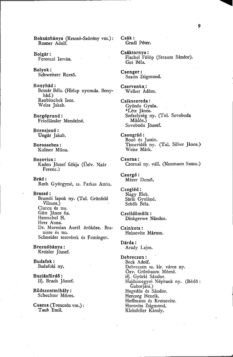 Brassó : Brassói lapok ny. (Tul. Grünfeld Vilmos.) Ciurcu és tsa. Gött János fia. Hentschel H. Herz Anna. Dr. Muresian Aurél örököse. Braniste és tsa. Schneider testvérek és Feminger.