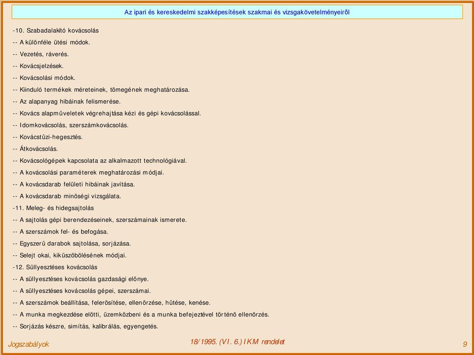 -- Kovácsológépek kapcsolata az alkalmazott technológiával. -- A kovácsolási paraméterek meghatározási módjai. -- A kovácsdarab felületi hibáinak javítása. -- A kovácsdarab minõségi vizsgálata. -11.