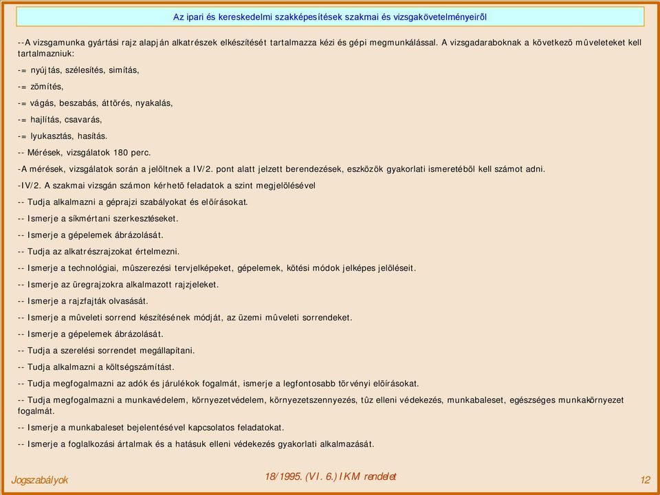 -- Mérések, vizsgálatok 180 perc. -A mérések, vizsgálatok során a jelöltnek a IV/2. pont alatt jelzett berendezések, eszközök gyakorlati ismeretébõl kell számot adni. -IV/2.