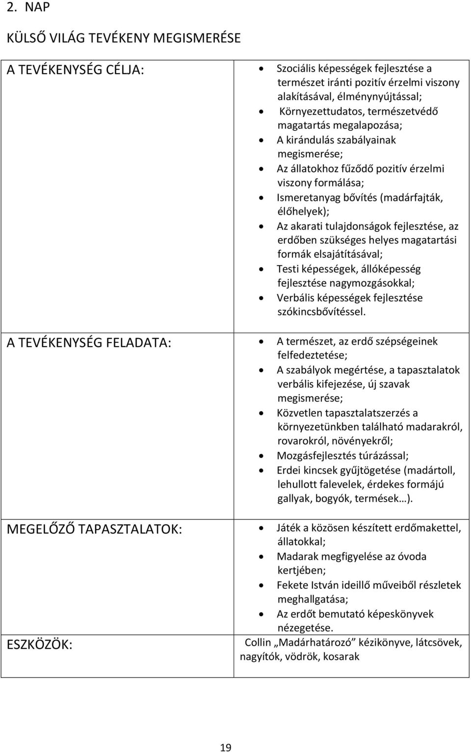 tulajdonságok fejlesztése, az erdőben szükséges helyes magatartási formák elsajátításával; Testi képességek, állóképesség fejlesztése nagymozgásokkal; Verbális képességek fejlesztése