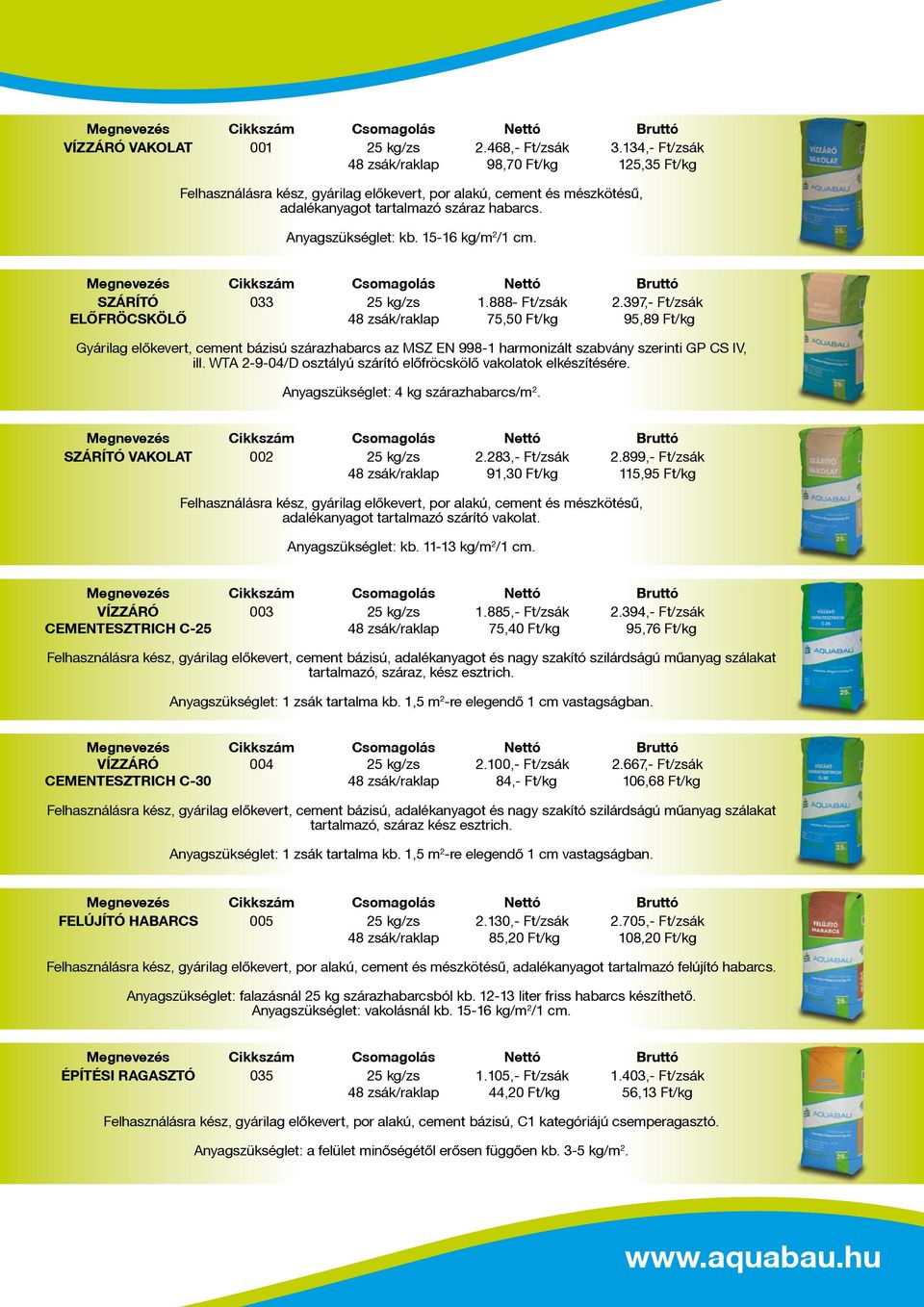 15-16 kg/m 2 /1 cm. SZÁRÍTÓ 033 25 kg/zs 1.888- Ft/zsák 2.