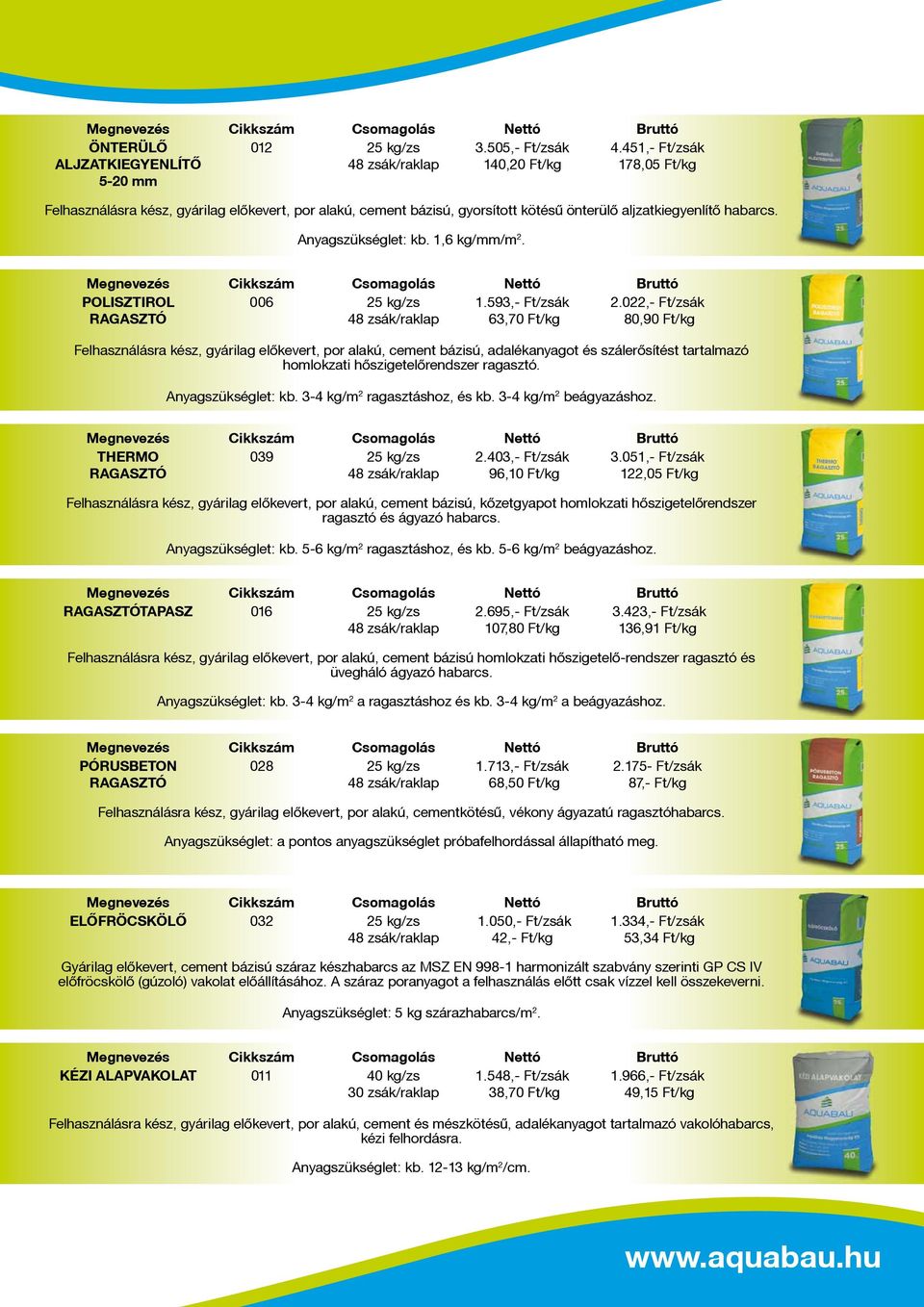 habarcs. Anyagszükséglet: kb. 1,6 kg/mm/m 2. POLISZTIROL 006 25 kg/zs 1.593,- Ft/zsák 2.