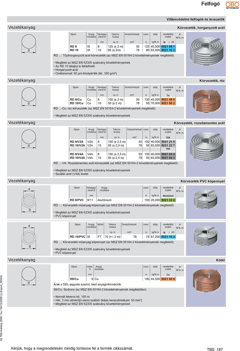 350 g/m²) Vezetékanyag Körvezeték, réz D Névleges Ø Tekercs hossza Keresztmetszet ca. m ² m kg/% m RD 8/ 8 100 (± 2 m) 50 100 45,000 5021 48 0 RD 10/ 10 50 (± 2 m) 78 50 70,000 5021 50 2 RD.