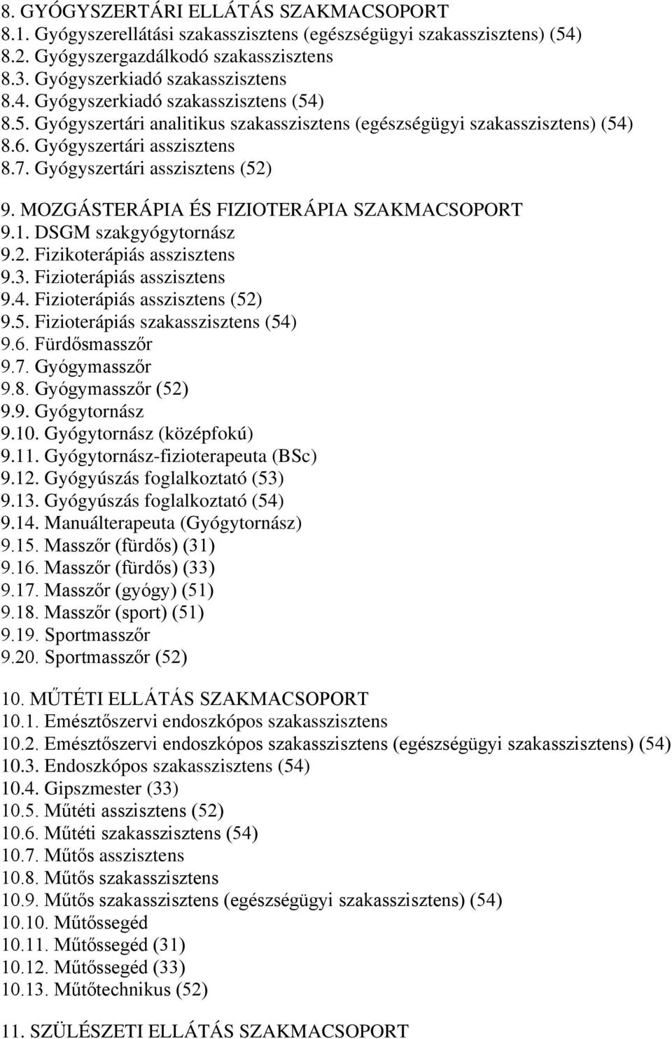 DSGM szakgyógytornász 9.2. Fizikoterápiás asszisztens 9.3. Fizioterápiás asszisztens 9.4. Fizioterápiás asszisztens (52) 9.5. Fizioterápiás szakasszisztens (54) 9.6. Fürdősmasszőr 9.7. Gyógymasszőr 9.