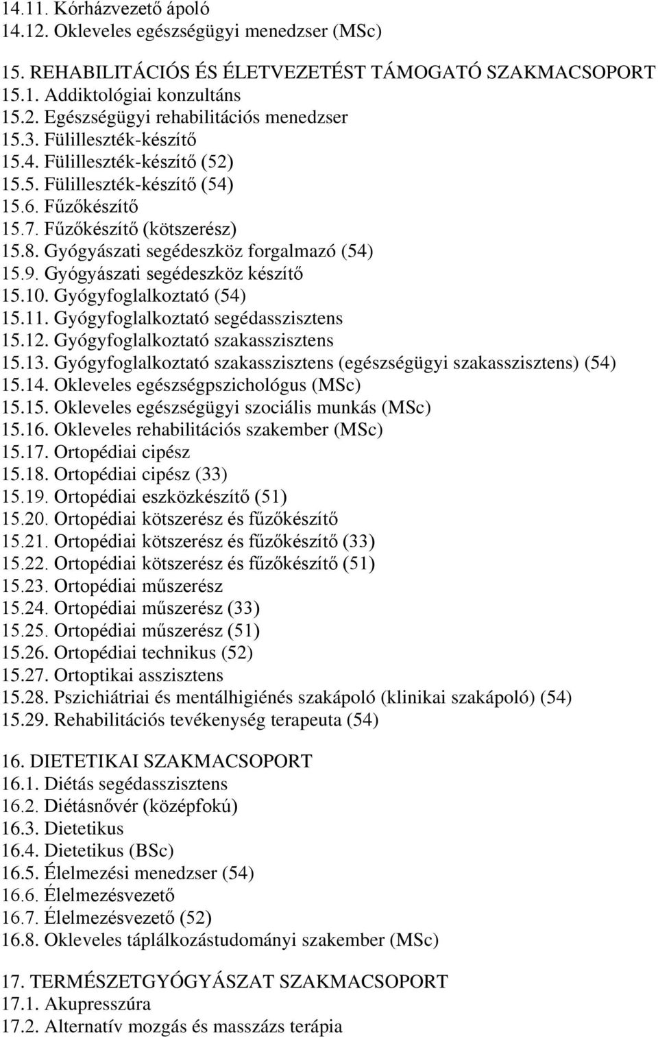 Gyógyászati segédeszköz készítő 15.10. Gyógyfoglalkoztató (54) 15.11. Gyógyfoglalkoztató segédasszisztens 15.12. Gyógyfoglalkoztató szakasszisztens 15.13.