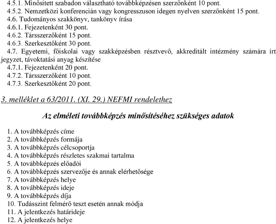 Egyetemi, főiskolai vagy szakképzésben résztvevő, akkreditált intézmény számára írt jegyzet, távoktatási anyag készítése 4.7.1. Fejezetenként 20 pont. 4.7.2. Társszerzőként 10 pont. 4.7.3.