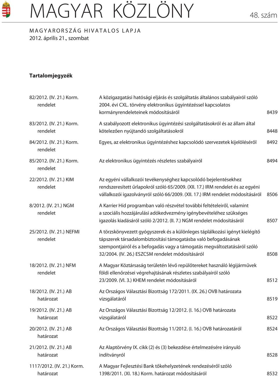 (IV. 21.) AB határozat 21/2012. (IV. 21.) AB határozat 1117/2012. (IV. 21.) Korm. határozat A közigazgatási hatósági eljárás és szolgáltatás általános szabályairól szóló 2004. évi CXL.